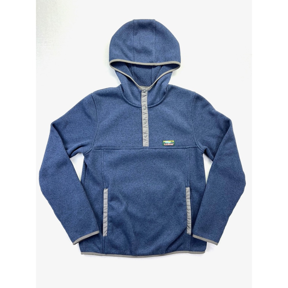 LL Bean Mens Size Large Sweater Fleece Pullover Hoodie Blue Heather Snap Neck